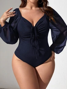 SHEIN Privé 大碼雞心領口燈籠袖前繫帶連身背心 - 藏蓝色 - 查看 3