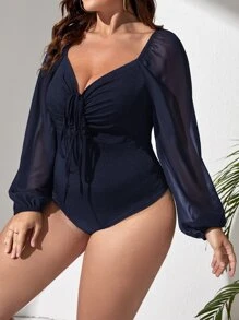 SHEIN Privé 大碼雞心領口燈籠袖前繫帶連身背心 - 藏蓝色 - 查看 5