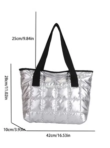 Bolso de hombro con acolchado y ribete de contraste, bolsos de mano para estudiantes, con múltiples compartimentos, perfectos para la playa, la escuela, el trabajo y el uso diario - Plateado - Ver 7
