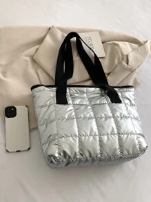 Bolso de hombro con acolchado y ribete de contraste, bolsos de mano para estudiantes, con múltiples compartimentos, perfectos para la playa, la escuela, el trabajo y el uso diario - Plateado - Ver 5