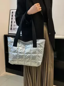 Bolso de hombro con acolchado y ribete de contraste, bolsos de mano para estudiantes, con múltiples compartimentos, perfectos para la playa, la escuela, el trabajo y el uso diario - Plateado - Ver 6