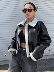 DAZY Teddy Lined Drop Shoulder PU Jacket,Fall Women Clothes - Black - View 1