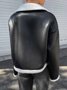 DAZY Teddy Lined Drop Shoulder PU Jacket,Fall Women Clothes - Black - View 2
