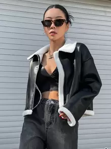 DAZY Teddy Lined Drop Shoulder PU Jacket,Fall Women Clothes - Black - View 3