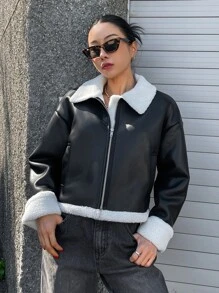 DAZY Teddy Lined Drop Shoulder PU Jacket,Fall Women Clothes - Black - View 4