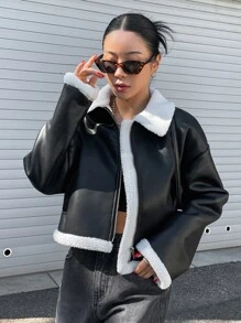 DAZY Teddy Lined Drop Shoulder PU Jacket,Fall Women Clothes - Black - View 5