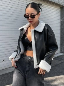 DAZY Teddy Lined Drop Shoulder PU Jacket,Fall Women Clothes - Black - View 6