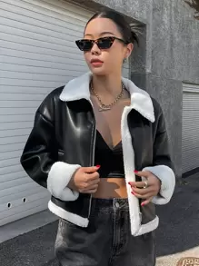 DAZY Teddy Lined Drop Shoulder PU Jacket,Fall Women Clothes - Black - View 7