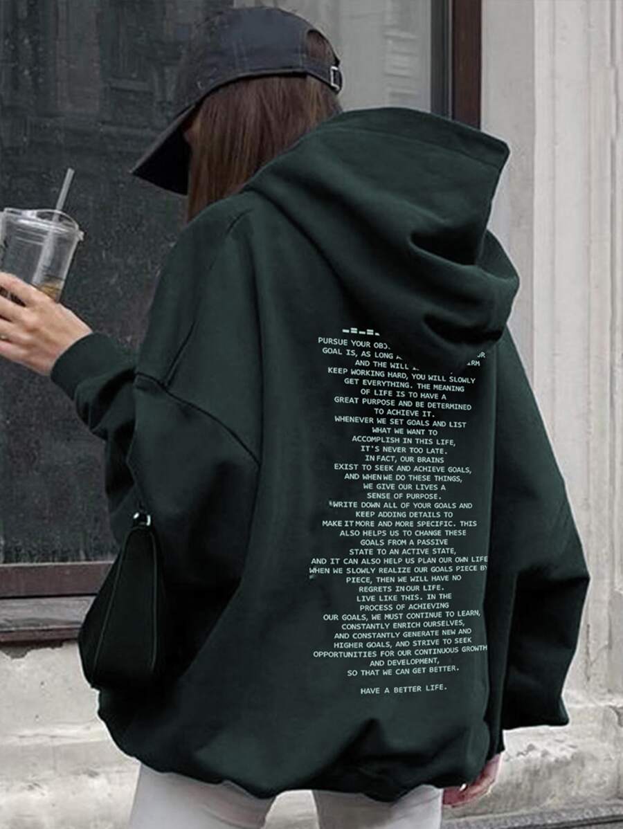DAZY Slogan Graphic Drop Shoulder Hoodie,Fall Clothes Sweatshirt - Dark Green - View 1