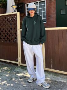 DAZY Slogan Graphic Drop Shoulder Hoodie,Fall Clothes Sweatshirt - Dark Green - View 3