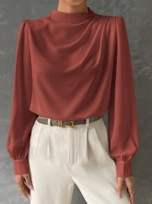 BizChic 女士纯色立领褶裥装饰宽松灯笼袖长袖衬衫，基础都市通勤风格，简约时尚优雅商务休闲风，适合教师和办公室穿着 - 鏽棕色 - 查看 3