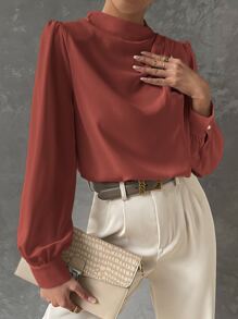 BizChic 女士纯色立领褶裥装饰宽松灯笼袖长袖衬衫，基础都市通勤风格，简约时尚优雅商务休闲风，适合教师和办公室穿着 - 鏽棕色 - 查看 6