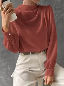 BizChic 女士纯色立领褶裥装饰宽松灯笼袖长袖衬衫，基础都市通勤风格，简约时尚优雅商务休闲风，适合教师和办公室穿着 - 鏽棕色 - 查看 7