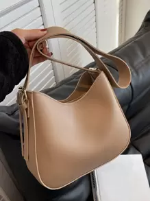 Fashionable Underarm Bag For Women, Minimalist Solid Color, Wide Strap, Bucket Bag, Versatile Zipper Shoulder Crossbody Bag - Khaki - View 3