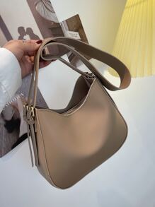 Fashionable Underarm Bag For Women, Minimalist Solid Color, Wide Strap, Bucket Bag, Versatile Zipper Shoulder Crossbody Bag - Khaki - View 6