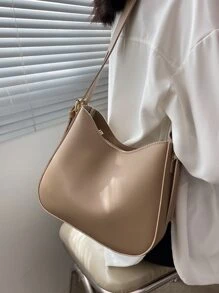Fashionable Underarm Bag For Women, Minimalist Solid Color, Wide Strap, Bucket Bag, Versatile Zipper Shoulder Crossbody Bag - Khaki - View 7
