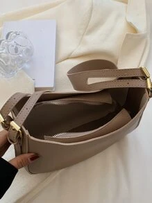 Fashionable Underarm Bag For Women, Minimalist Solid Color, Wide Strap, Bucket Bag, Versatile Zipper Shoulder Crossbody Bag - Khaki - View 9