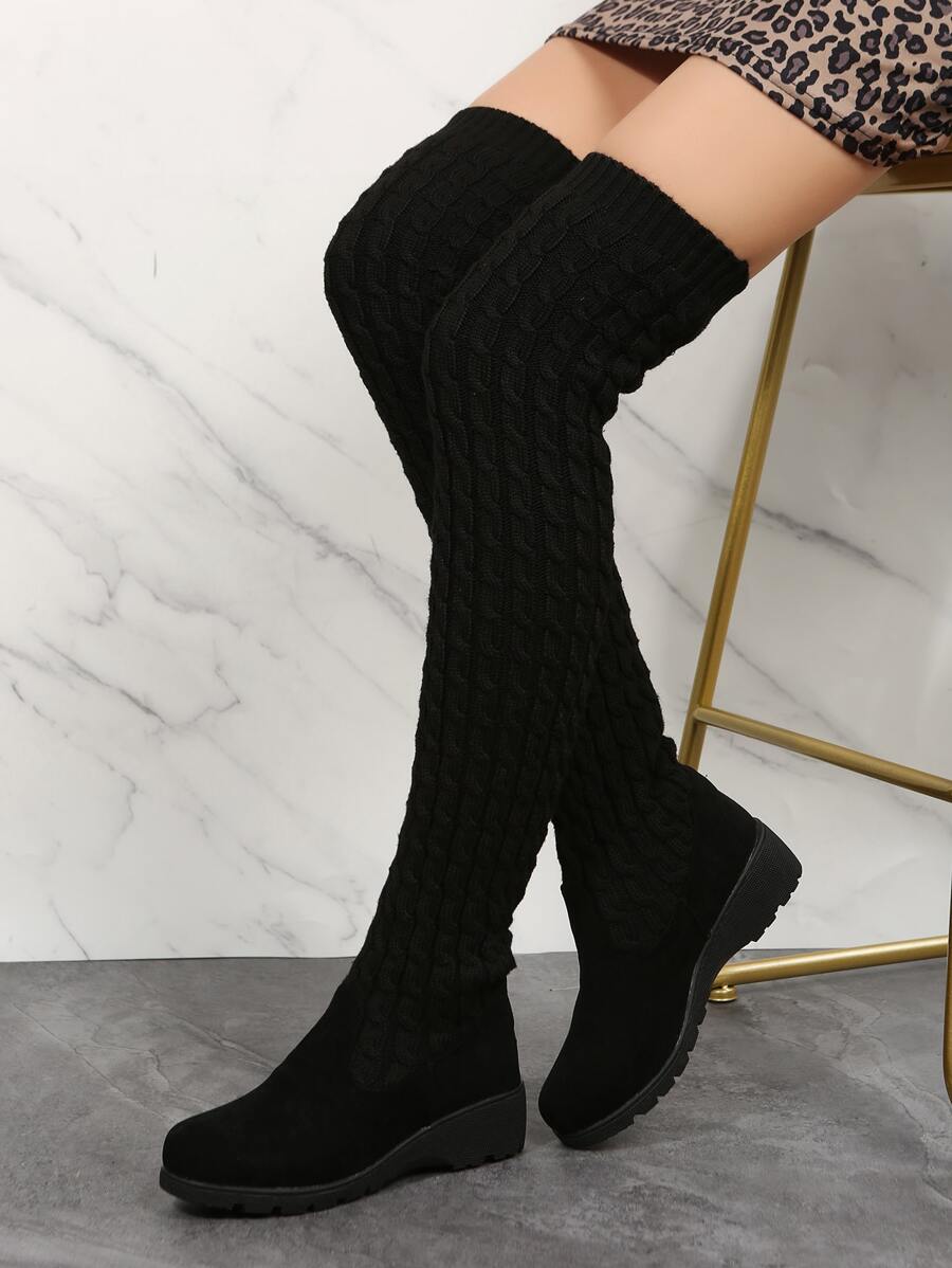 Suedette Slip On Over The Knee Boots - Black - View 1