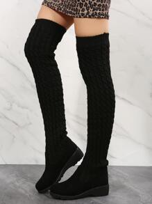 Suedette Slip On Over The Knee Boots - Black - View 2