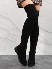 Suedette Slip On Over The Knee Boots - Black - View 3