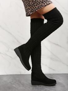 Suedette Slip On Over The Knee Boots - Black - View 4