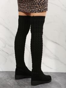 Suedette Slip On Over The Knee Boots - Black - View 5