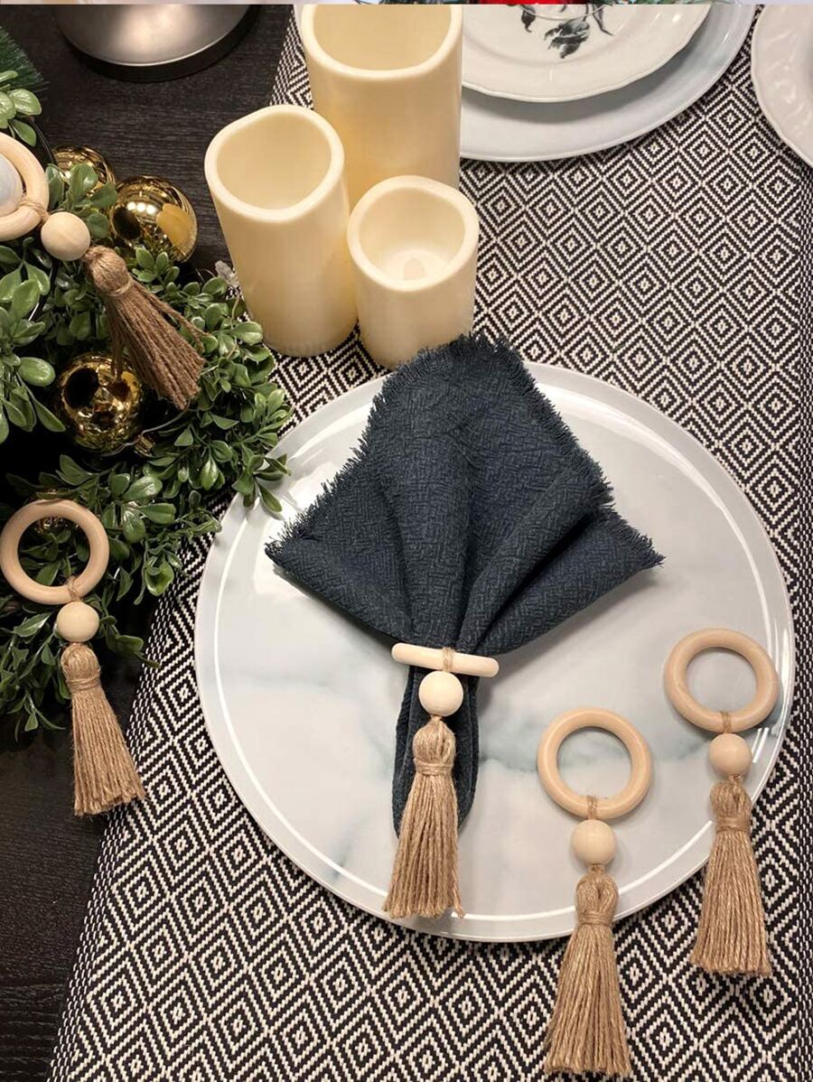 4pcs Bead & Tassel Decor Napkin Ring - Beige - View 1