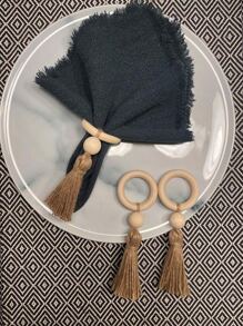 4pcs Bead & Tassel Decor Napkin Ring - Beige - View 4