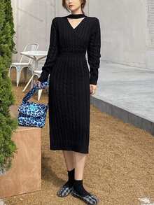 鎖脖領口麻花編織毛衣裙