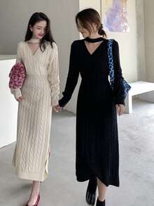 鎖脖領口麻花編織毛衣裙