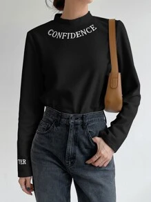 DAZY Camiseta con estampado de letra de cuello alto - Negro - Ver 1