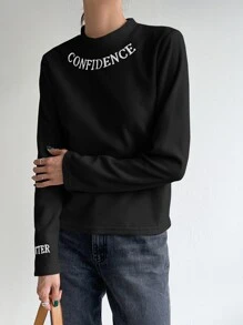 DAZY Camiseta con estampado de letra de cuello alto - Negro - Ver 3