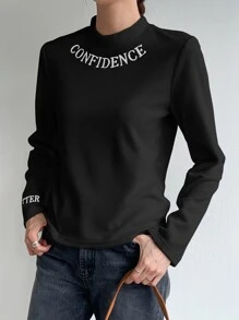 DAZY Camiseta con estampado de letra de cuello alto - Negro - Ver 4