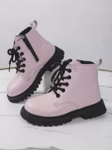 女孩前綁帶側拉鏈馬丁靴 - 粉色 - 查看 5