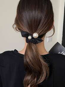 Elegant Faux Pearl Decor Hair Tie - Black - View 3