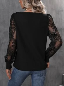 SHEIN Unity Contrast Lace Lantern Sleeve Top - Black - View 2