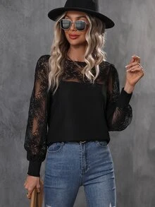 SHEIN Unity Contrast Lace Lantern Sleeve Top - Black - View 5