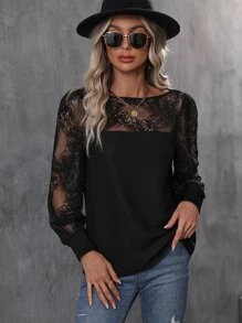 SHEIN Unity Contrast Lace Lantern Sleeve Top - Black - View 6