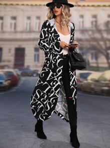 Allover Letter Graphic Hooded Coat - Black and White - View 1