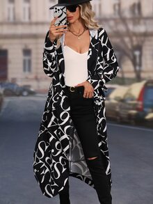 Allover Letter Graphic Hooded Coat - Black and White - View 3