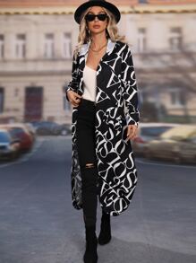 Allover Letter Graphic Hooded Coat - Black and White - View 4