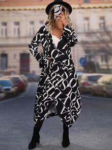 Allover Letter Graphic Hooded Coat - Black and White - View 6
