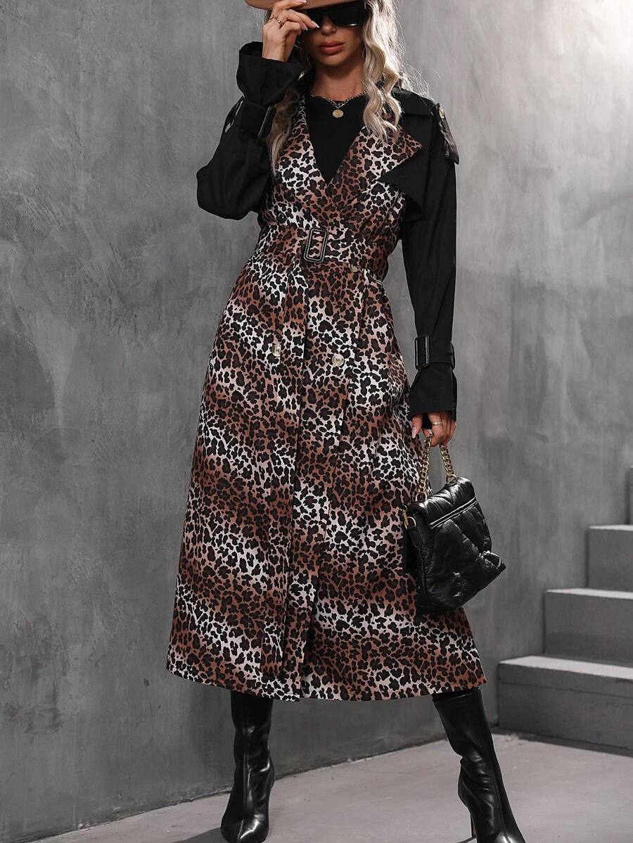 SHEIN LUNE Leopard Print Double Breasted Belted Trench Coat - Multicolor - View 1