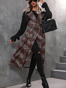 SHEIN LUNE Leopard Print Double Breasted Belted Trench Coat - Multicolor - View 3