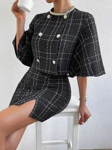 SHEIN Privé Plaid Print Double Breasted Jacket & Split Hem Skirt - Black - View 1