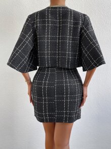 SHEIN Privé Plaid Print Double Breasted Jacket & Split Hem Skirt - Black - View 2
