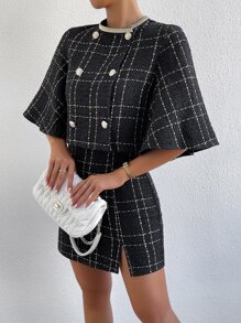SHEIN Privé Plaid Print Double Breasted Jacket & Split Hem Skirt - Black - View 3