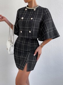 SHEIN Privé Plaid Print Double Breasted Jacket & Split Hem Skirt - Black - View 4