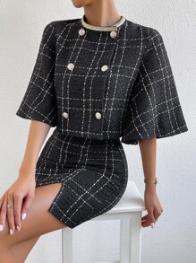 SHEIN Privé Plaid Print Double Breasted Jacket & Split Hem Skirt - Black - View 5