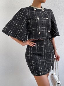 SHEIN Privé Plaid Print Double Breasted Jacket & Split Hem Skirt - Black - View 6